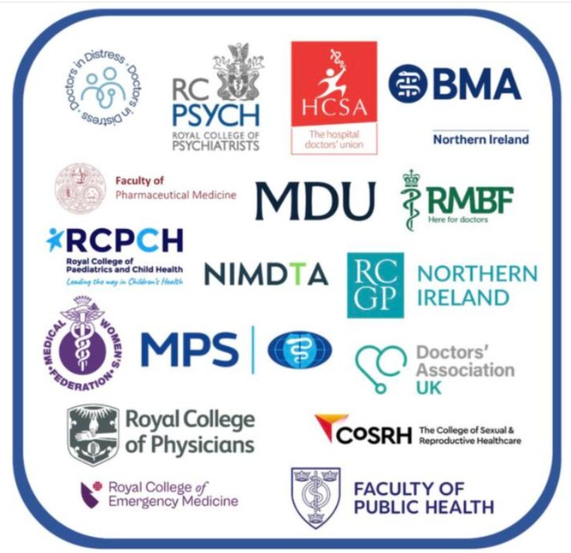 Logos of the coalition calling for Practitioner Health in Northern Ireland, including Doctors in Distress, the Royal College of Psychiatrists, HCSA, BMA Northern Ireland, the Faculty of Pharmaceutical Medicine, MDU, RMBF, RCPCH, NIMDTA, RCGP Northern Ireland, the Medical Women’s Federation, MPS, Doctors’ Association UK, the Royal College of Physicians, CoSRH, the Royal College of Emergency Medicine and the Faculty of Public Health